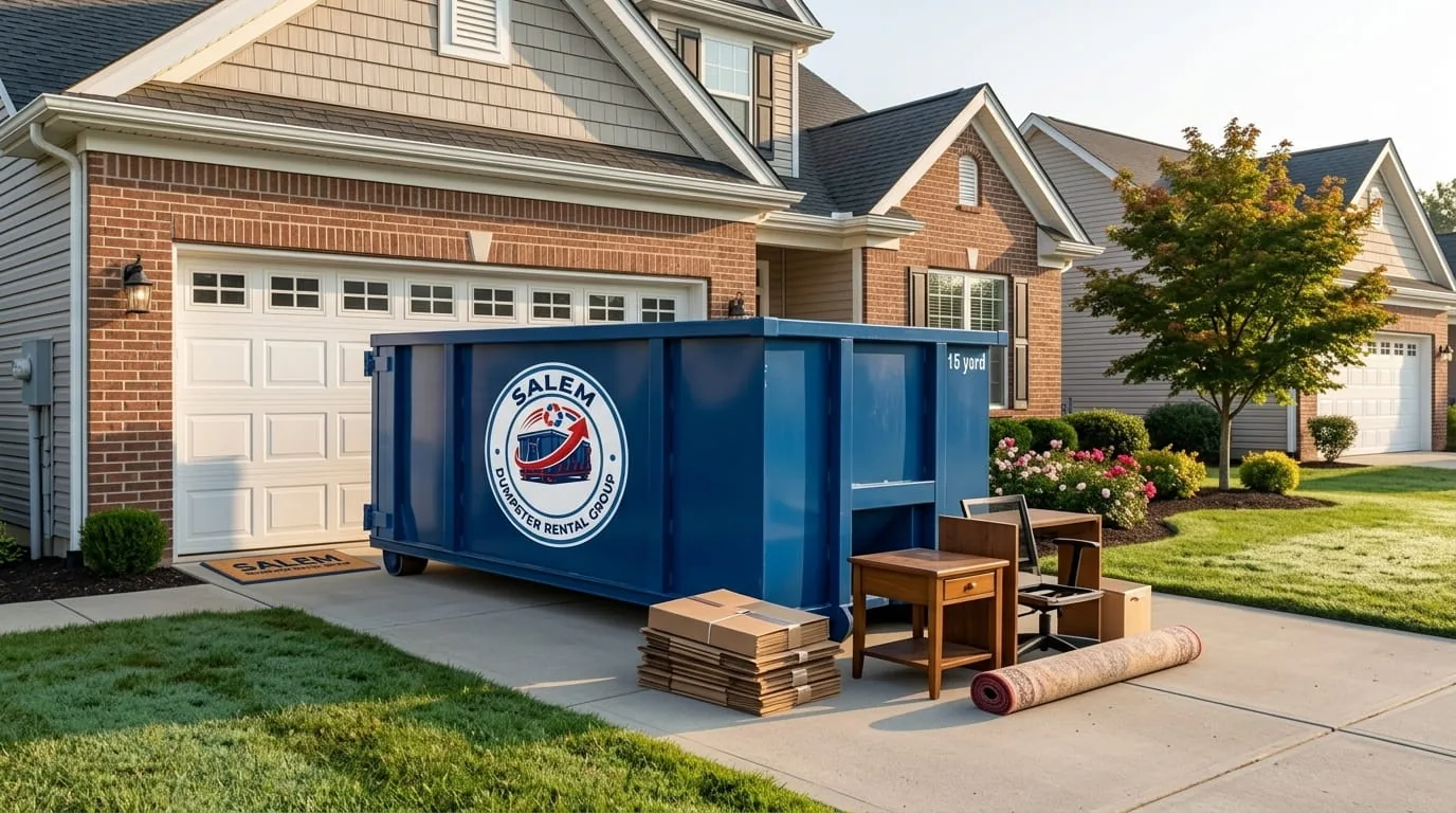 Locally owned dumpster rental company in Salem OR Salem Dumpster Rental Group container on a Marion County driveway
